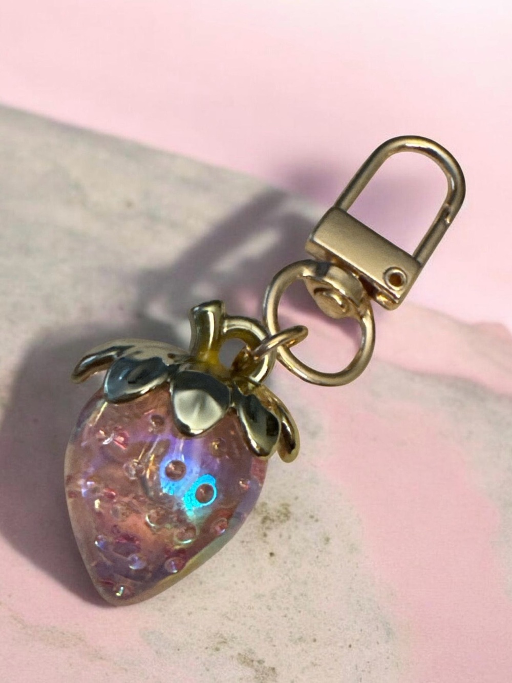 Gold Strawberry Charm Keychain - Pink Iridescent Pendant